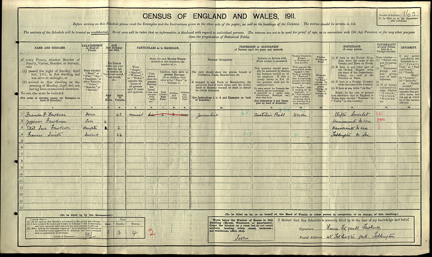 Frances Fitzgerald FAWKNER
1911 census