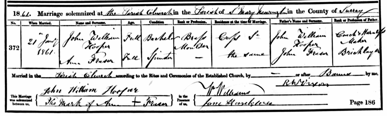 Marriage John William HOOPER and Ann FRASER