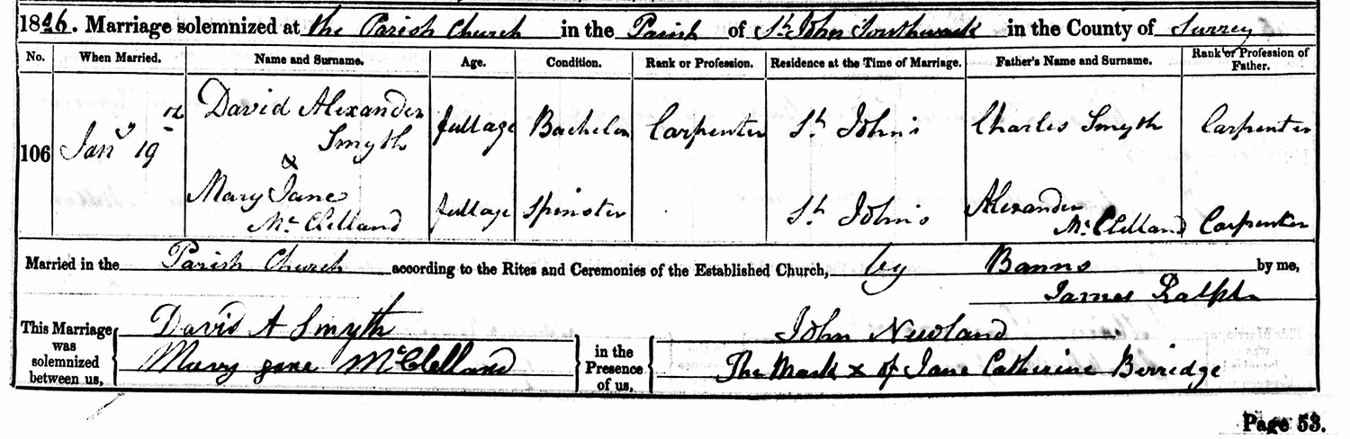 David Alexander SMYTH & Mary Jane McCLELLAND
Marriage 1846