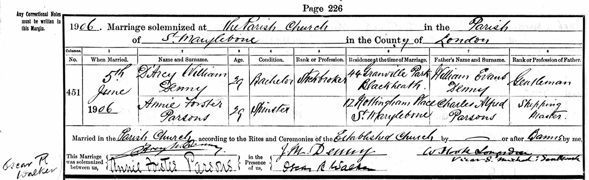 Annie Frances PARSONS & D'Arcy William DENNY
Marriage