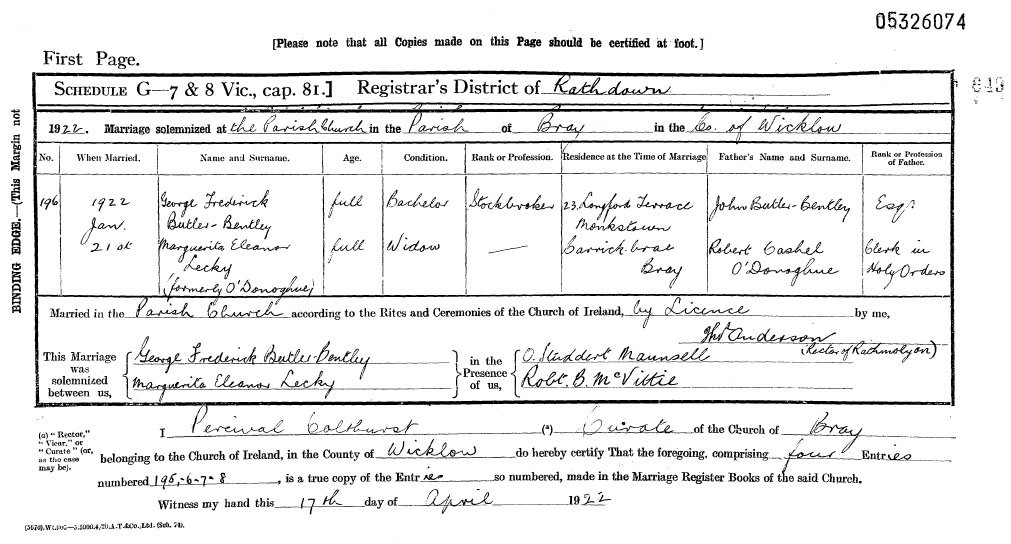 Re-marriage of Marguerite Eleanor LECKY