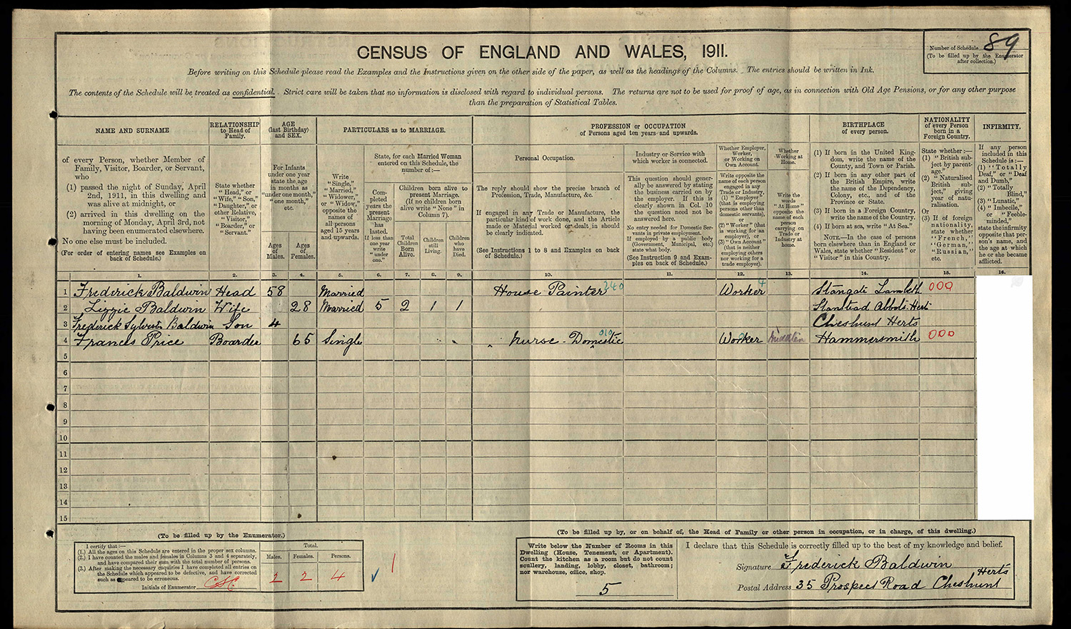 Lizzie BALDWIN - 1911 census