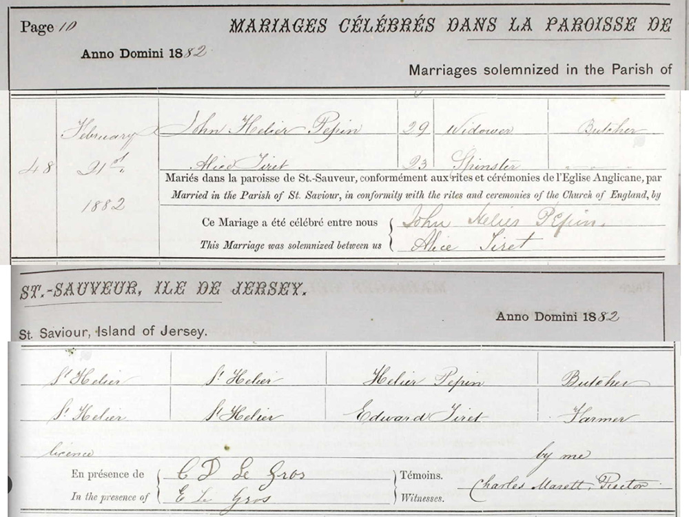 Marriage John Helier PEPIN & Alice TIRET