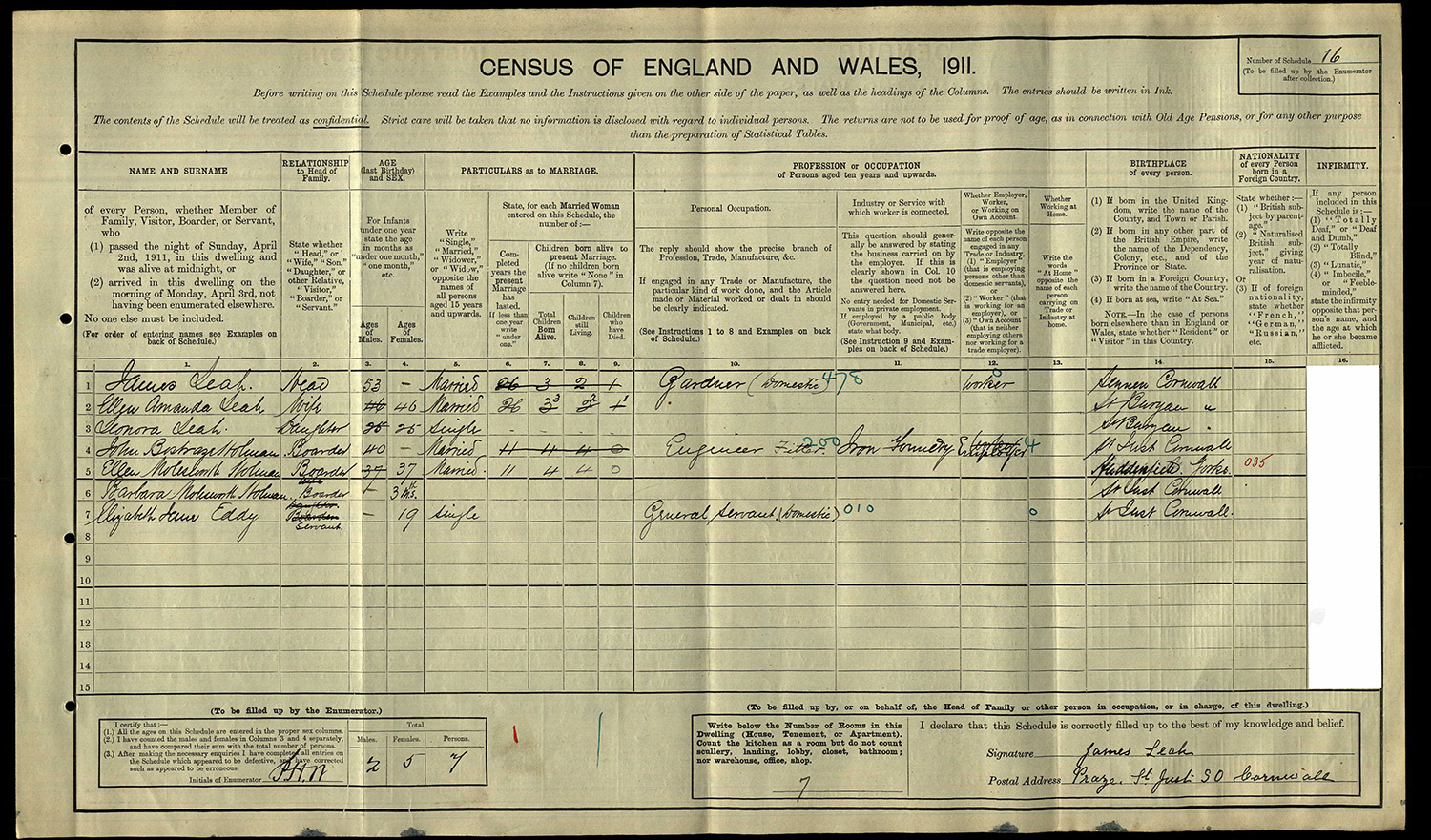 John Bostraze HOLMAN - 1911 census