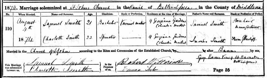 Marriage Certificate
Samuel SMITH & Charlotte SMITH