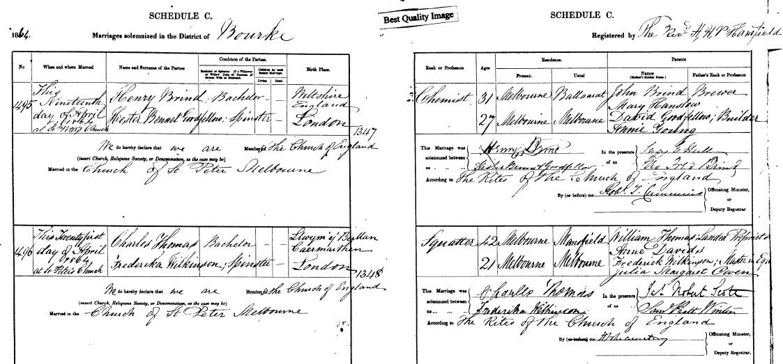 Henry BRIND & Hester Bennett GOODFELLOW Marriage Certificate