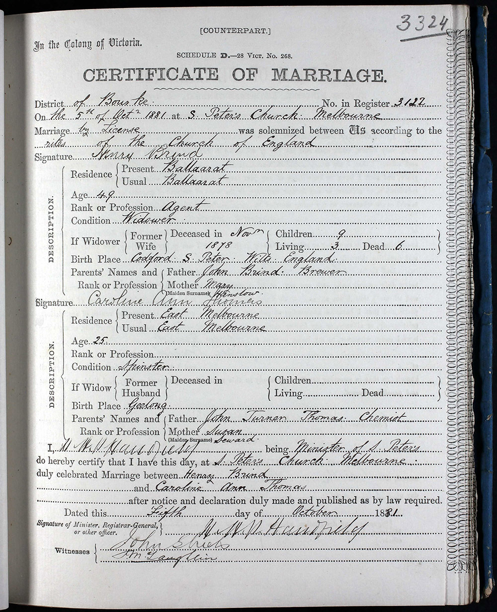 Henry BRIND & Caroline THOMAS marriage