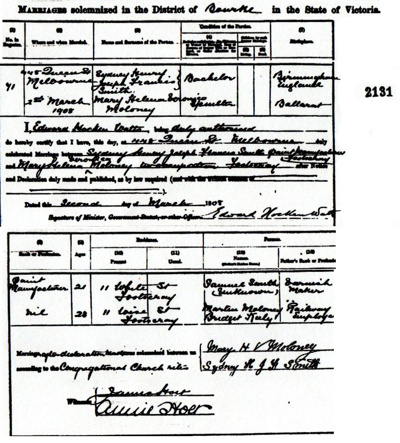 Marriage Certificate
Sydney Henry SMITH & Mary Helena MOLONEY
