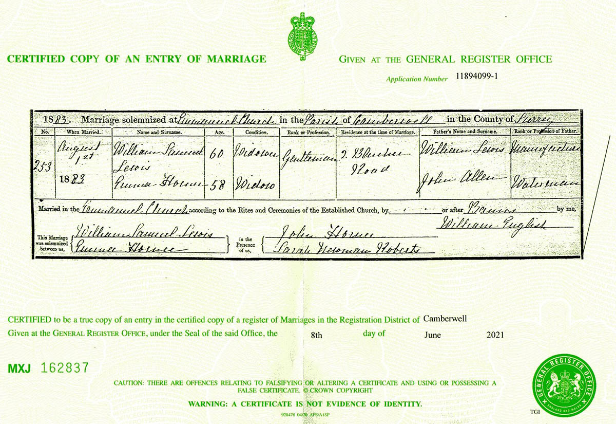 Marriage Certificate
Emma HORNER & William Samuel LEWIS