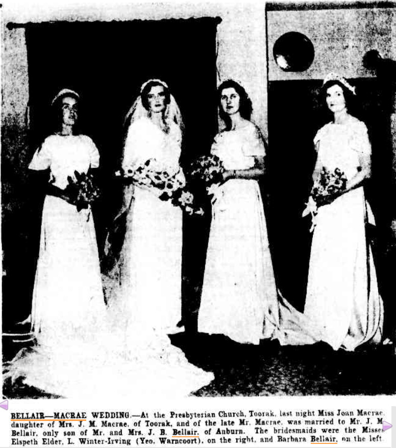 Wedding of Alison Joan MACRAE to John Mitchell BELLAIR
10 Dec 1935
