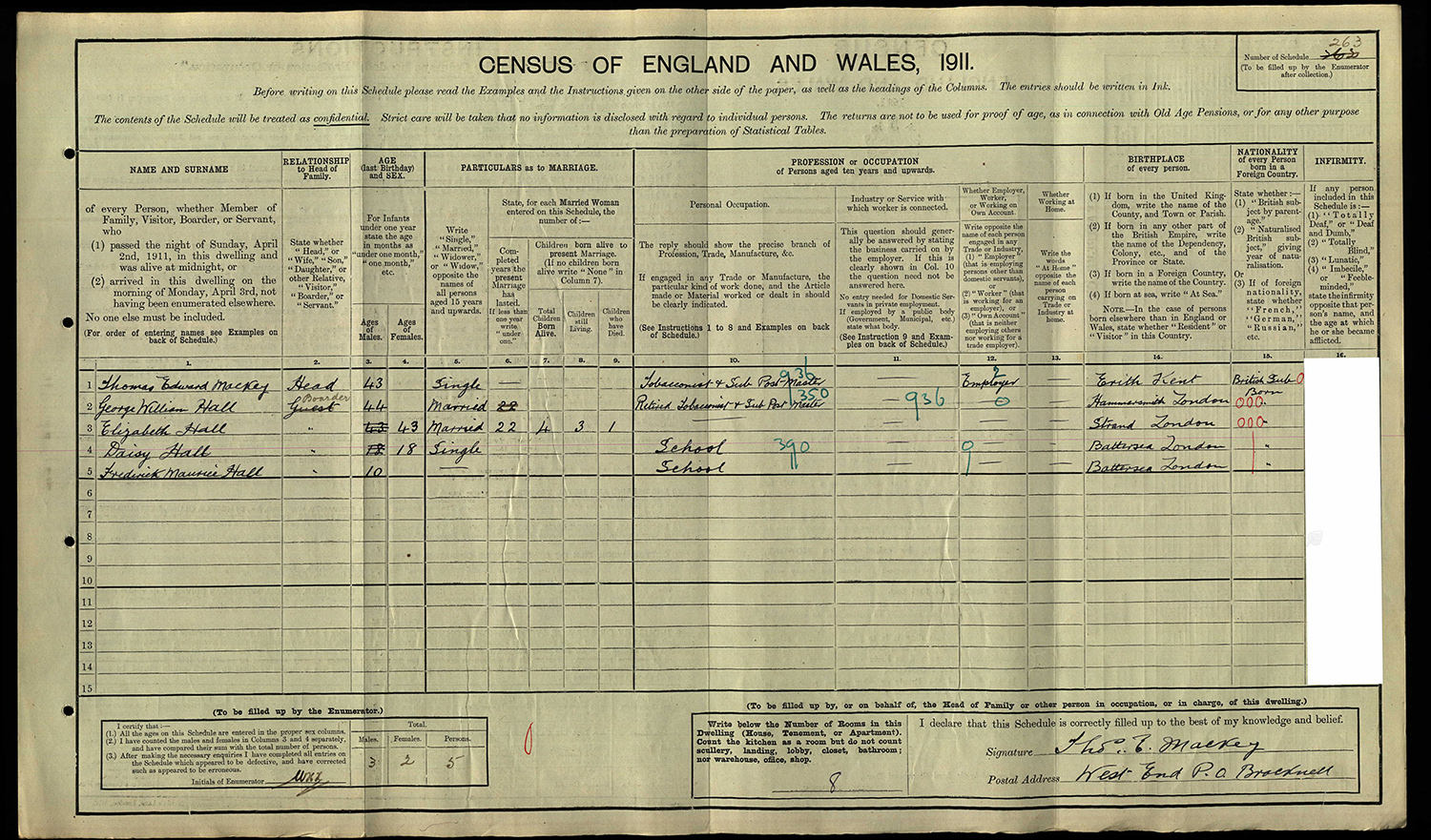 George William HALL - 1911 census