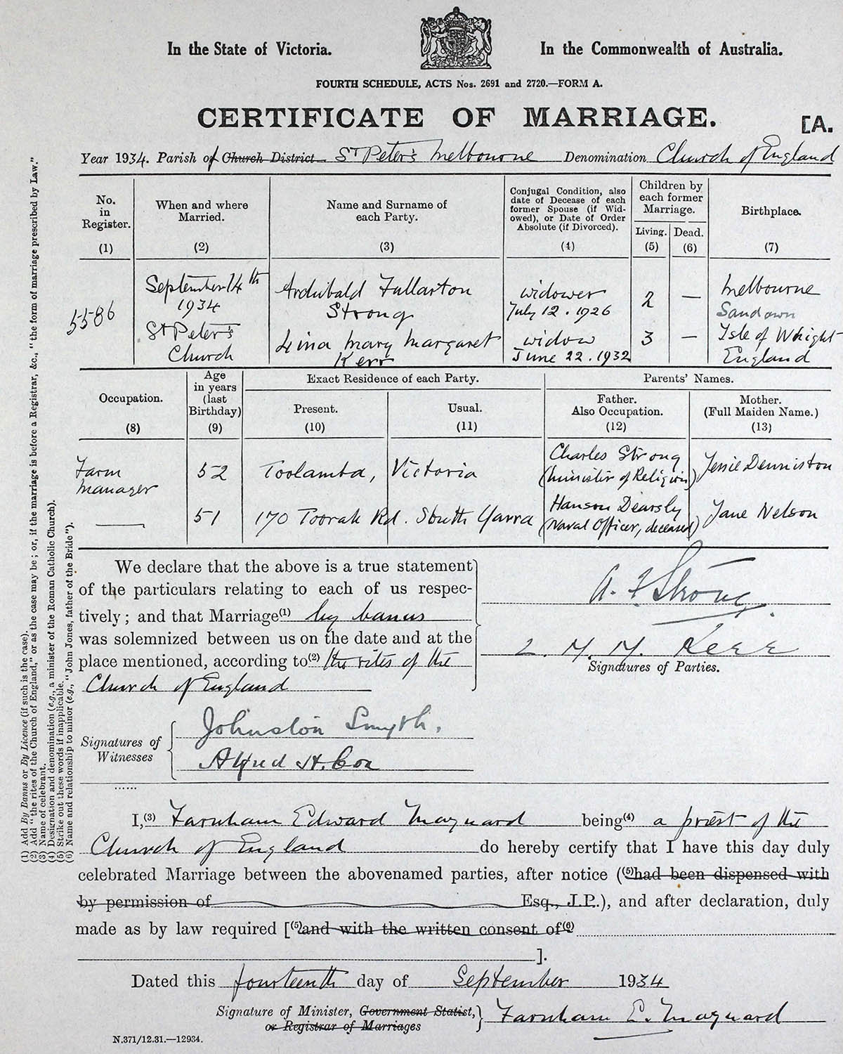 Marriage Certificate
Archibald Fullerton STRONG and Lina Mary Margaret KERR 1934