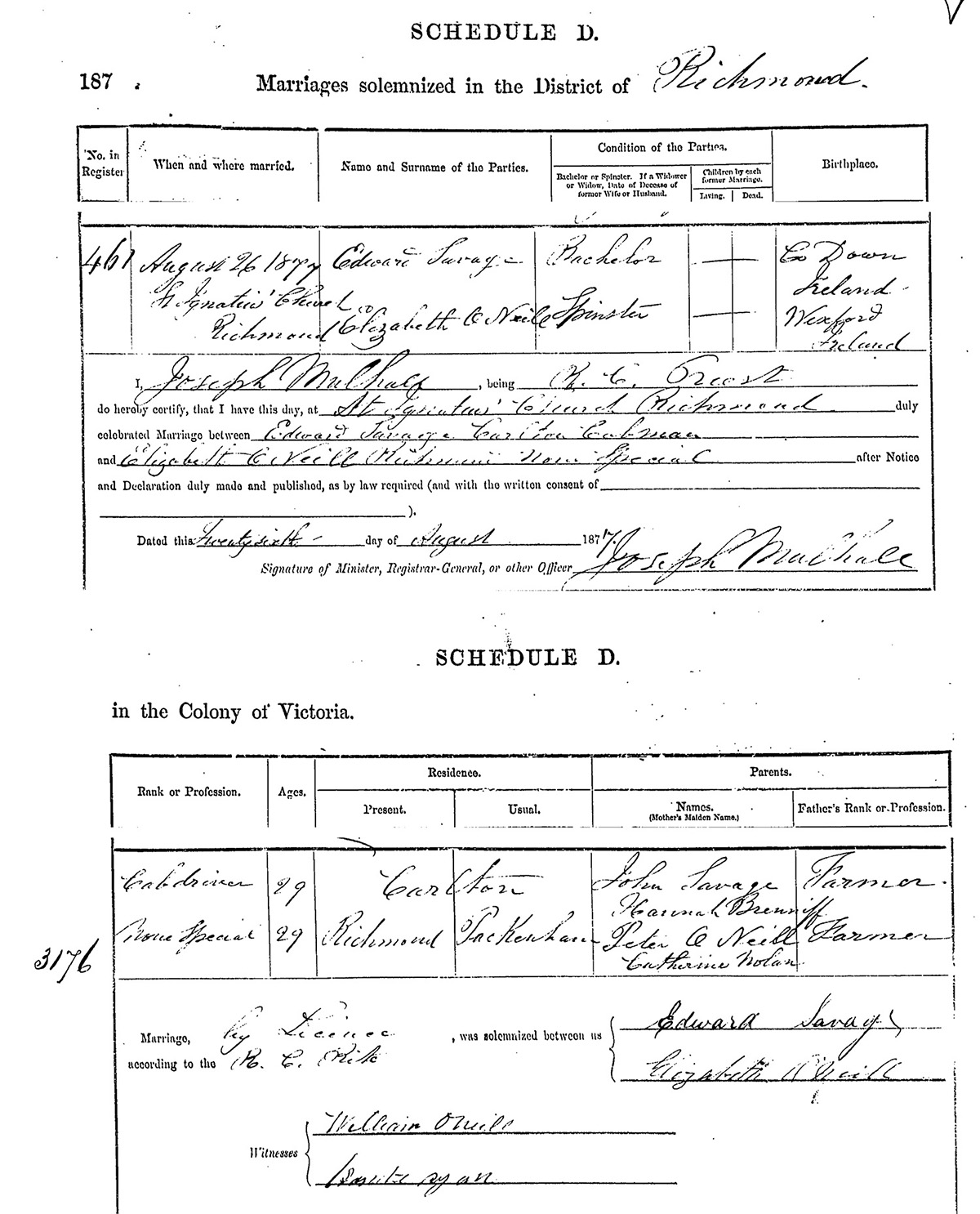 Marriage Certificate
Elizabeth O'NEILL & Edward SAVAGE