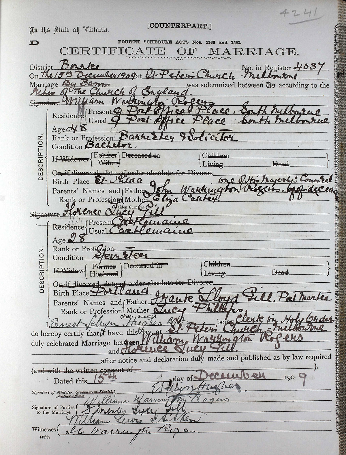 William Warrington ROGERS marriage certificate