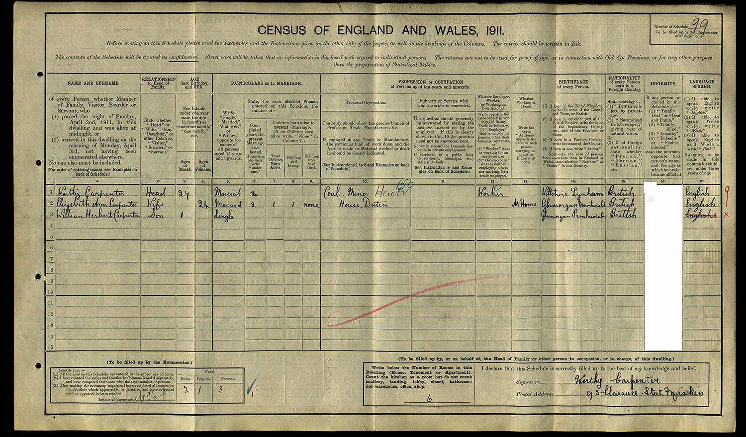Worthy CARPENTER - 1911 census