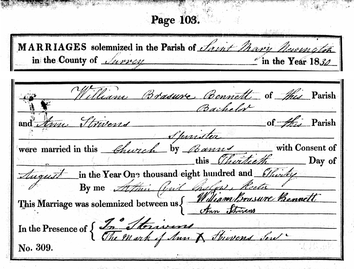 Marriage Certificate
William Brasure BENNETT & Ann STRIVENS