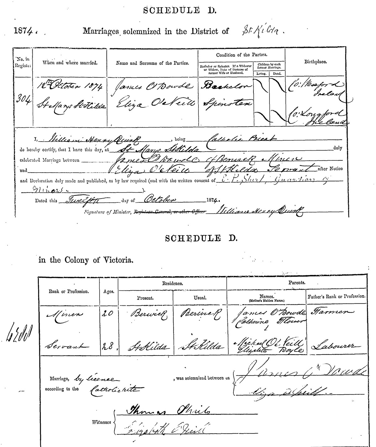 Marriage Certificate
Eliza O'NEILL & James O'DOWDE