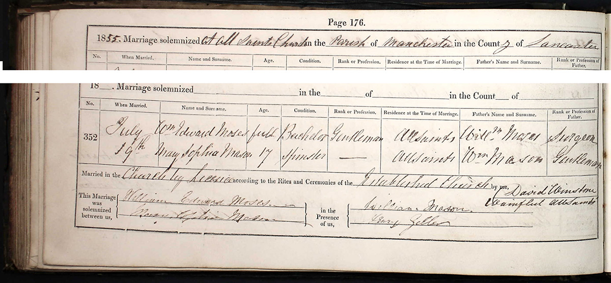 Marriage Certificate
William Edward MOSES & Mary Sophia MASON