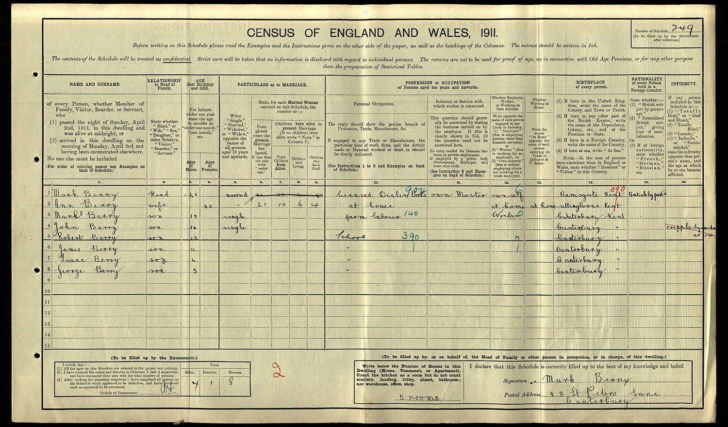 James John BERRY - 1911 census