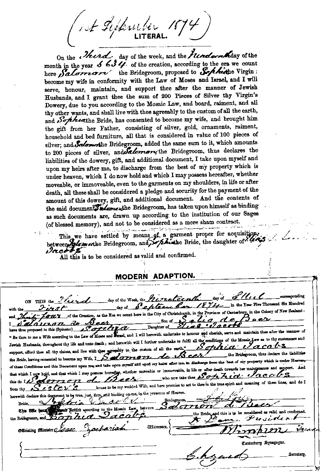 Mariage Certificate
Solomon De BEER & Sophie JACOBS