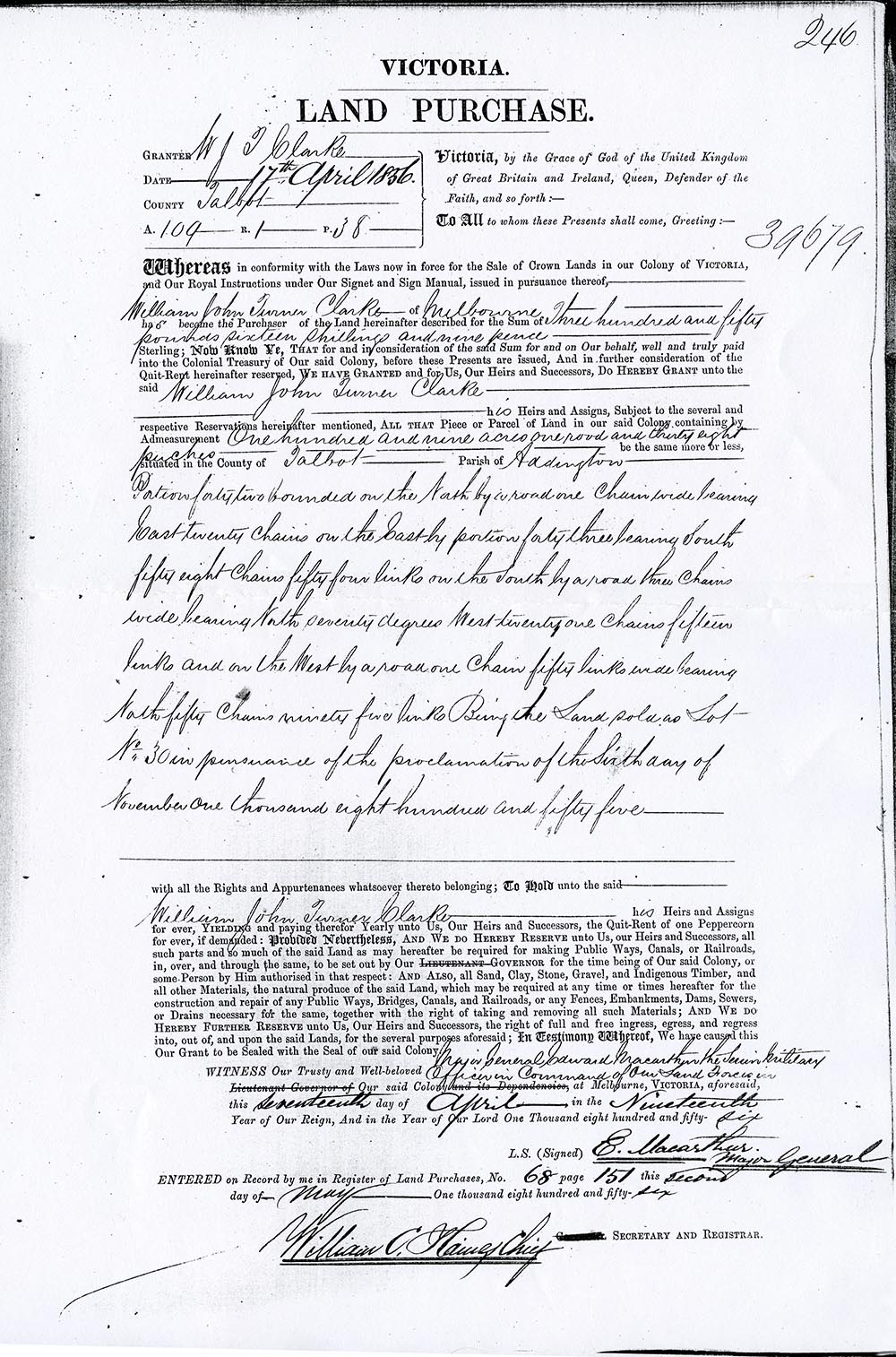Land Purchase Document for Block 42 at Addington