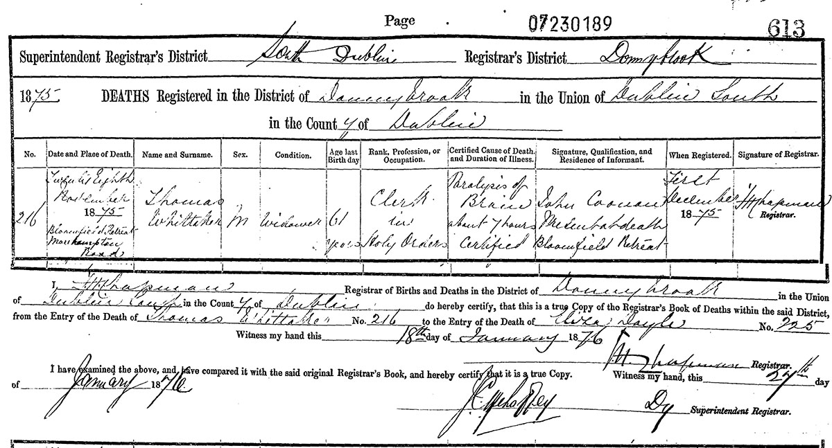 Death Certificate
Thomas WHITTAKER
