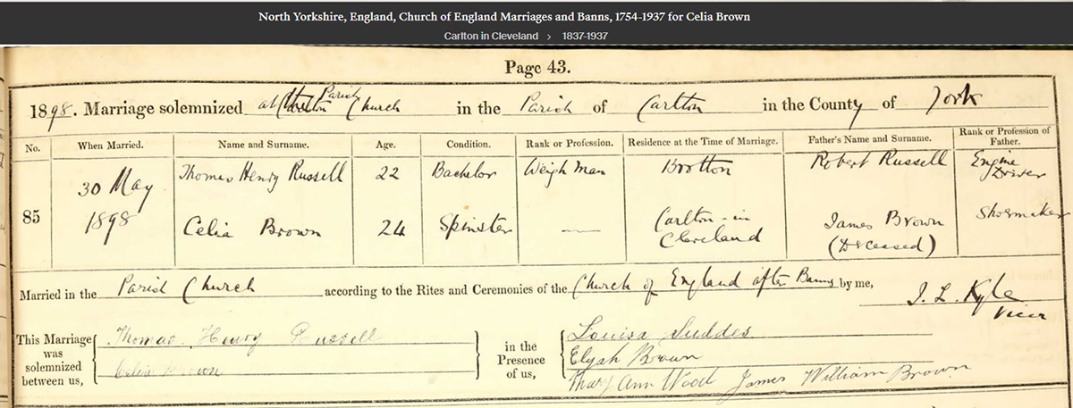 Marriage of Thomas RUSSELL & Celia BROWN