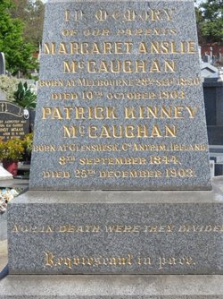 Boroondara Cemetery:
Patrick Kinney & Margaret Ainslie McCAUGHAN